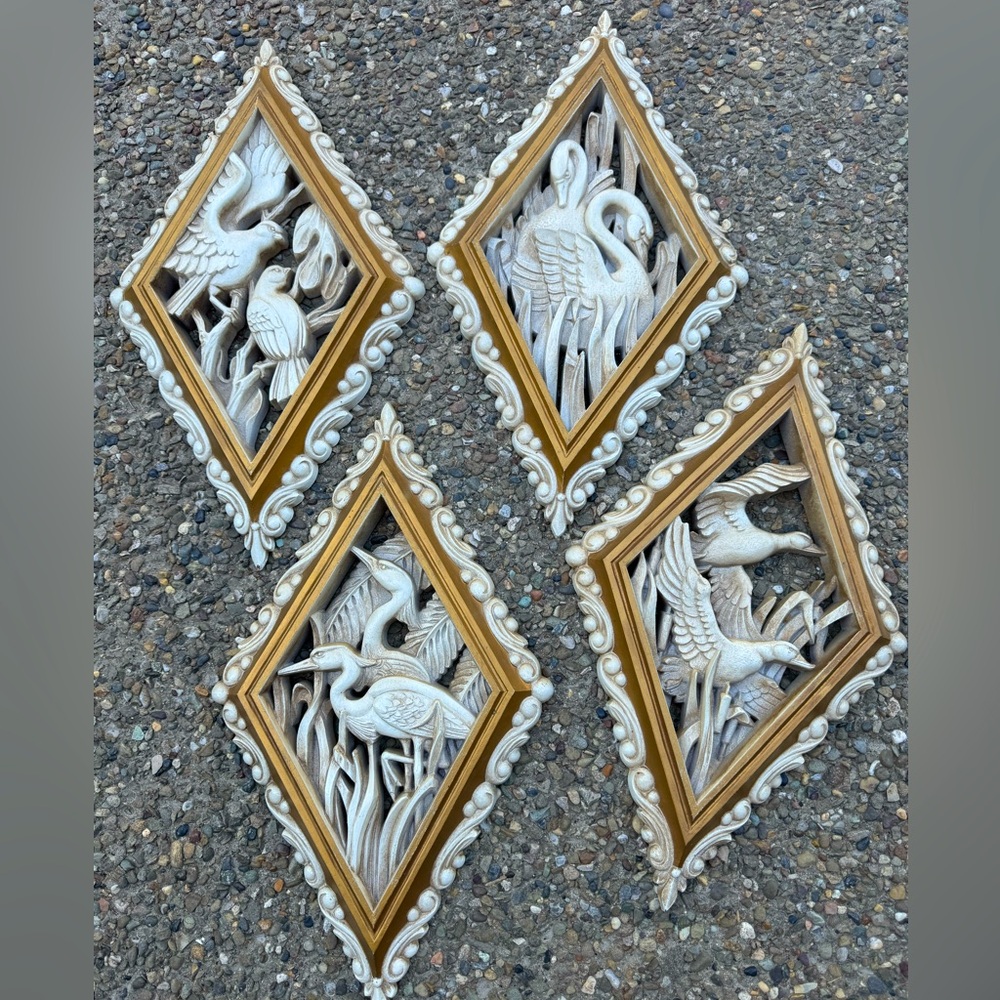 1973 Burwood Bird Plaques Vintage Set of 4 Diamond Shape 3 D cream ivory gold
